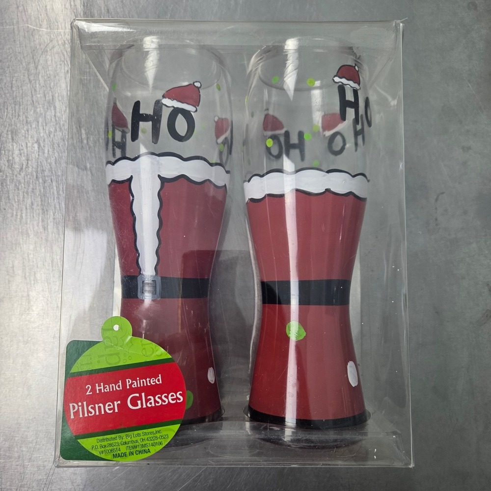 Pilsner Glasses 2 Pack Red Santa Suit Hand Painted Holiday